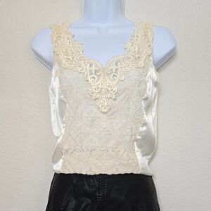 Sonya Ratay Vintage 90s Lace Satin Romantic Sheer Ivory blouse top Size Small